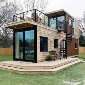 2 Story Shipping Container Home With Rooftop Dimensions Ground Floor: 40 ft (L) × 8 ft (W) Second Floor: 20 ft (L) × 8 ft (W) Rooftop Deck: 20 ft (L) × 8 ft (W)